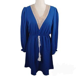 V-Neck Lantern Dress NEW Small Blue/Gold -Long Ruffle Sleeve -Embroidered Accent
